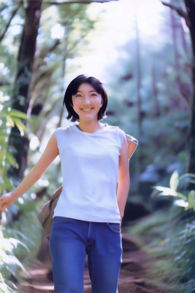 Ryoko Hirosue,short black hair,japanese girl,jeans,tshirt, smiling, walking in the forest