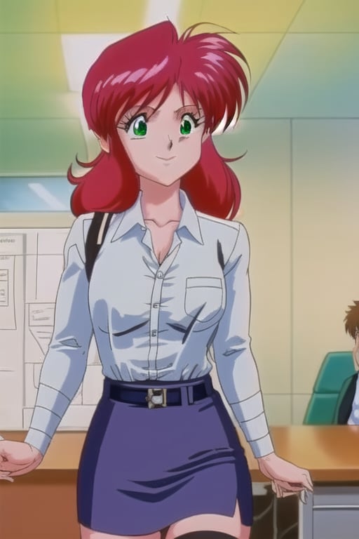 Redhair,Nene,90s anime, green eyes, light blue shirt, dark blue skirt, full leg stockings, office, upper body, smile