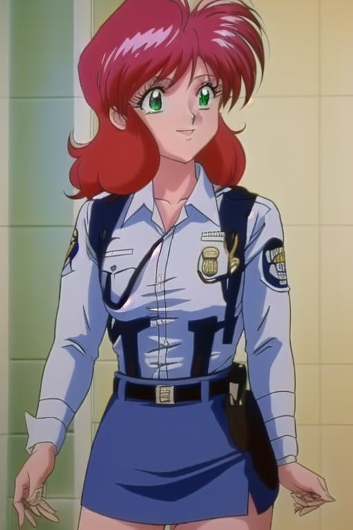 Redhair,Nene,90s anime, green eyes, light blue shirt, dark blue skirt, full leg stockings, 80s police office, upper body, smile