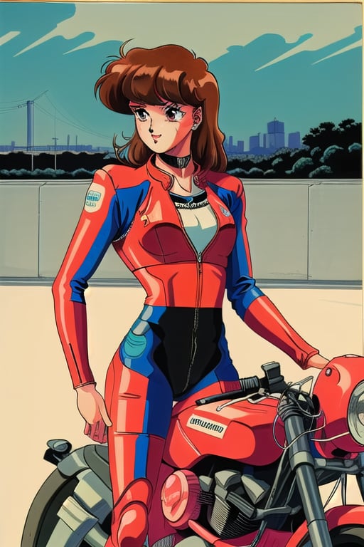 long brown hair,Brown eyes,retro artstyle,traditional media,long brown hair,red leather motor jacket,black leather bodysuit, racing motorbike, tokyo night