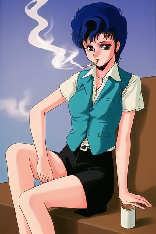 1 girl, Short blue hair,Brown eyes, vest, 80s style, smoking cigarrete, sexy