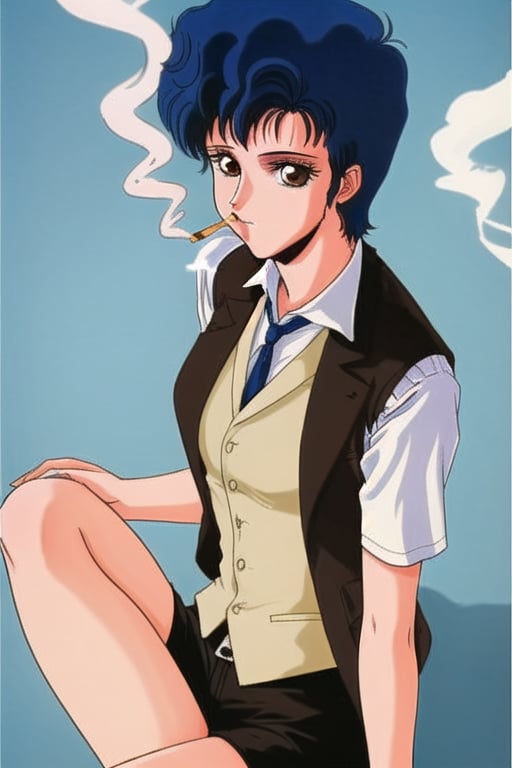 1 girl, Short blue hair,Brown eyes, vest, 80s style, smoking cigarrete, sexy