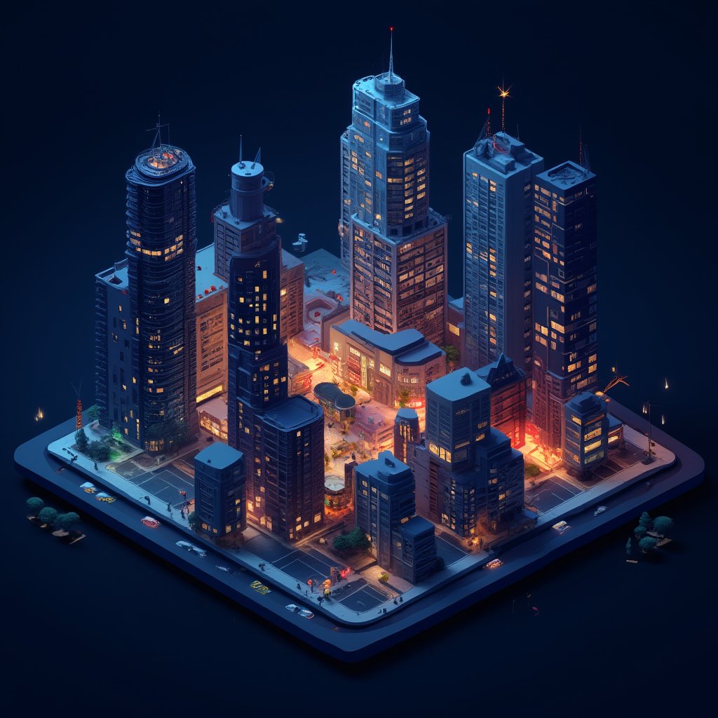 city view at night,isometric style,noc-isometric