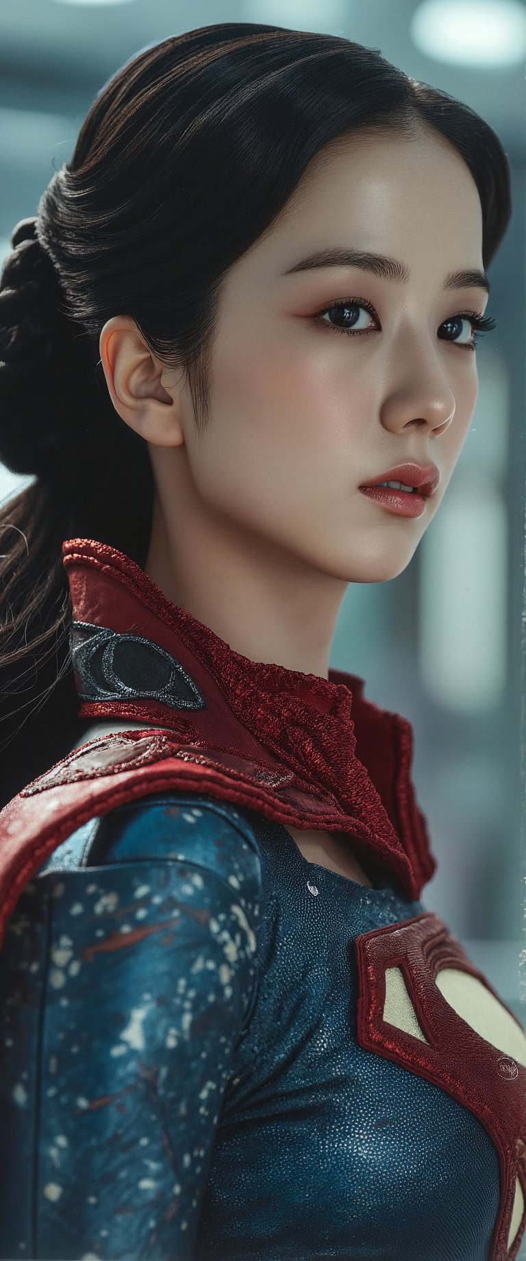 Cyberpunk 2077, korean Female Human Cyborg, beautiful Asian woman with super delicate face, plump figure, Wearing Superman costume, Composition, Avant - garde fashion by Zhang Jingna, Cinematic Composition, Full Body Portrait,jisosmile