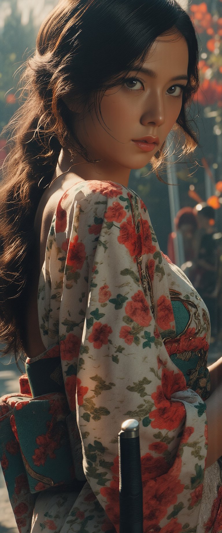 A cinematic still: a lone woman, dressed in traditional Japanese attire, stands confidently with a crimson-lipped gaze directed at the viewer. Framed by a blurred background, her striking figure dominates the composition. Chestnut-brown hair cascades down her back like a waterfall, while piercing brown eyes seem to bore into the soul. In her right hand, she holds a majestic katana, its blade glinting in dramatic cinematic lighting that casts shadows across her face. A floral print kimono billows around her legs, exuding an air of poised intensity as if ready to charge into battle., ct-jissoo, ct-bpj,jisosmile