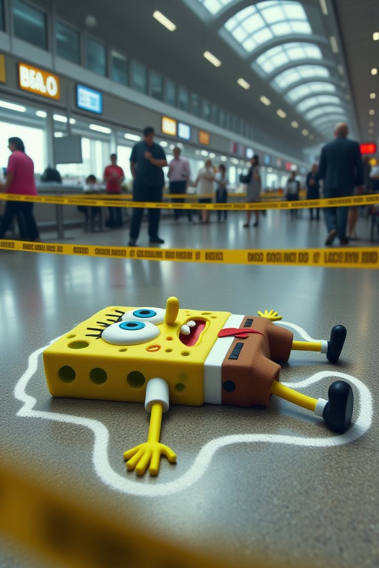 A highly detailed CGI rendered image of Spongebob squarepants, laying dead in a busy airport terminal. Yellow police tape cordons off the area. Surrounding the body is a thick white chalk outline, depicting a crime scene.