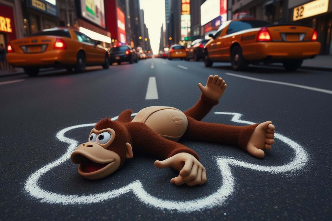 Donkey Kong lying on his back on the asphalt on a busy city street at dusk. Surrounding the body is a thick white chalk outline, depicting a crime scene.