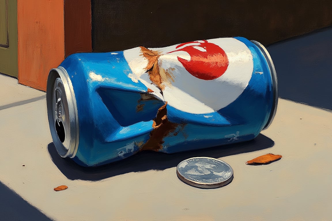 An EdwardH0pp3r style oil on canvas depicting a very crumpled old soda can lies in the gutter of a ghetto street, eaten away by rust the remaining blue and white paint on the can and the brown rust completely contrast to a new shiny bright silver dime laying next to the can.