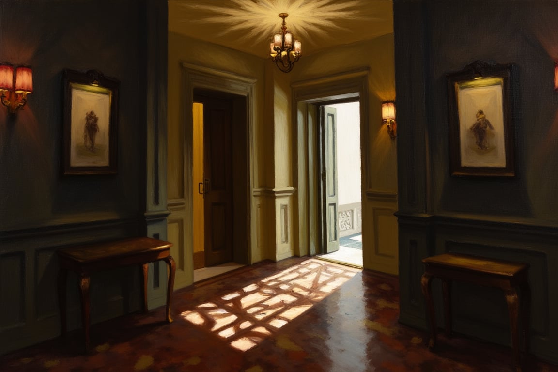 An EdwardH0pp3r style oil painting of the view looking down a dimly lit hotel hallway, muted colour decoration. On the righthand side halfway down, an elevator door is open, flooding light into the hallway, creating a labyrinth of shadows that emulate all kinds of bizarre shapes.