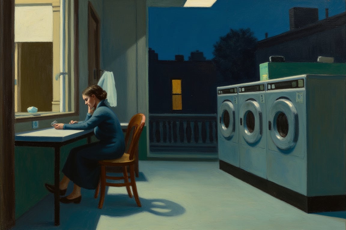 An EdwardH0pp3r style oil painting of a lone woman sitting in a laundromat at night. 