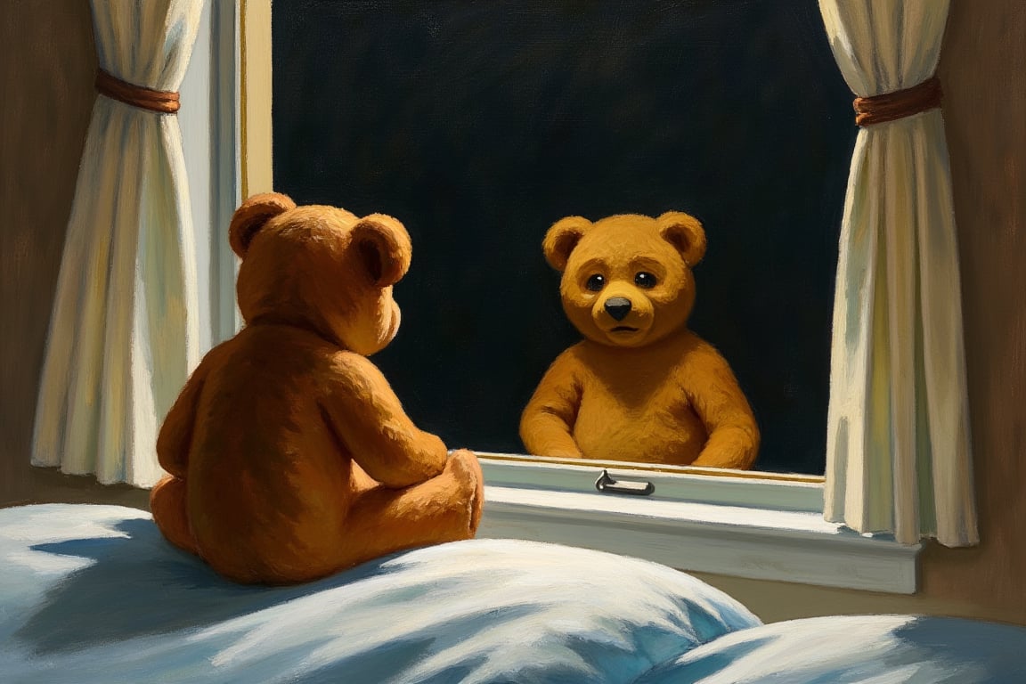 An EdwardH0pp3r style oil painting depicting a little teddy bear on a bed facing a large window, it is dark outside, the reflection of the bear is sad