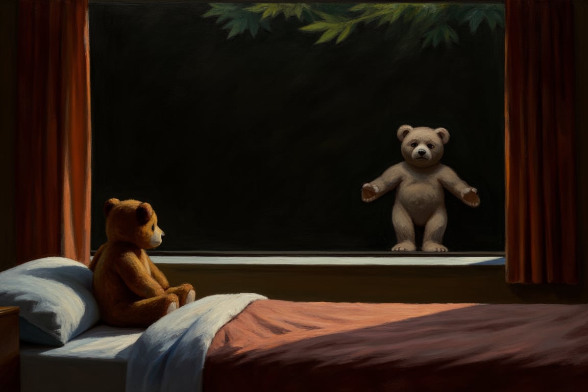 An EdwardH0pp3r style oil painting depicting a little teddy bear on a bed facing a large window, it is dark outside, the reflection of the bear is sad