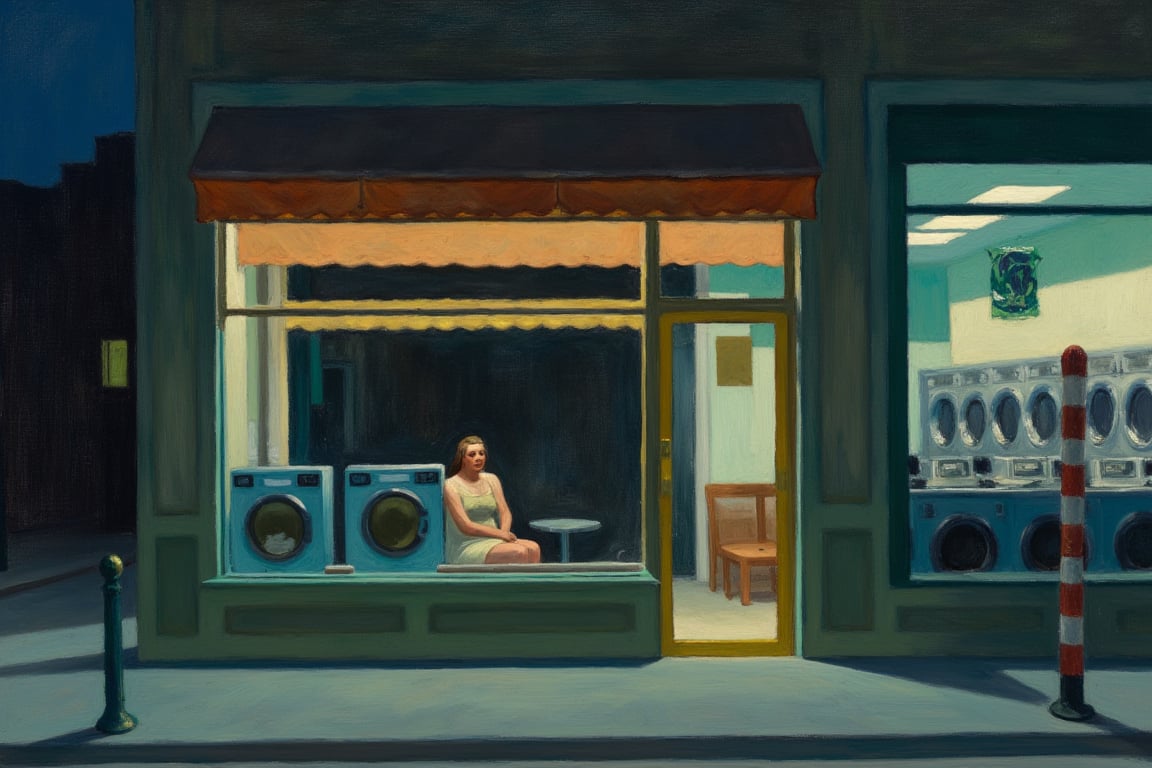 An EdwardH0pp3r style oil painting of a lone woman sitting in a laundromat at night. 