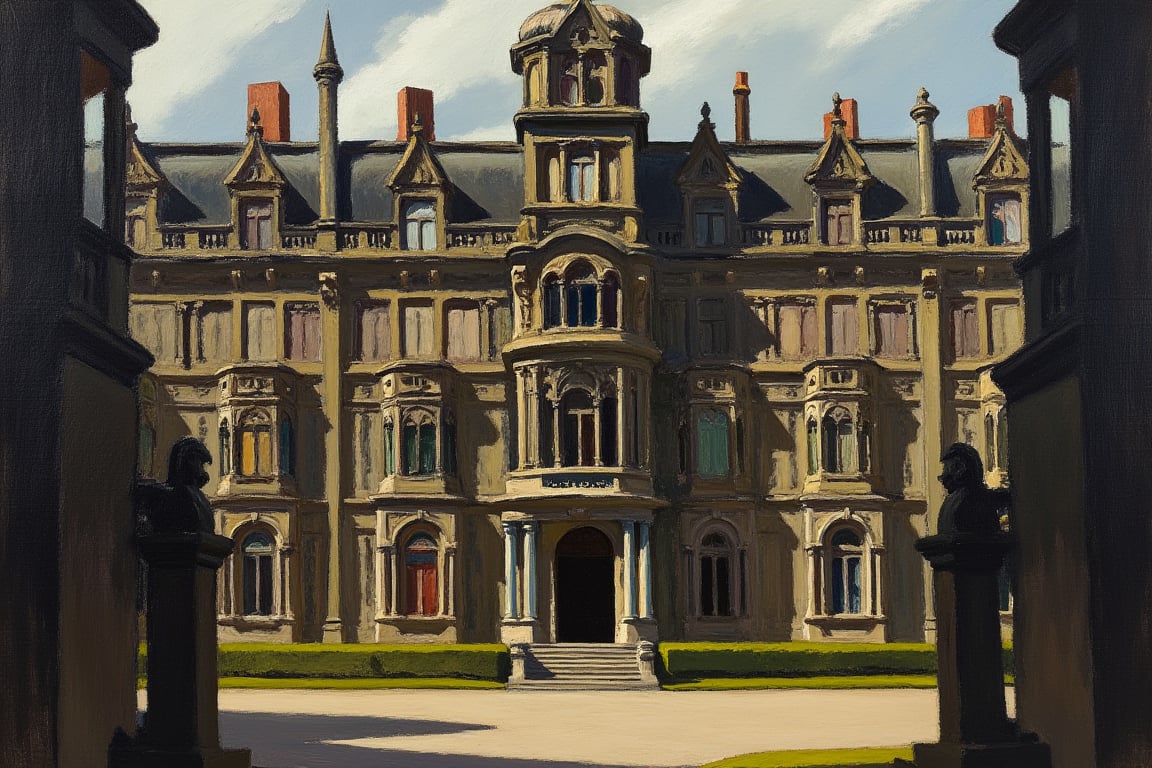 An EdwardH0pp3r style oil painting depicting the facade of a grim mental hospital, intricate gothic architecture featuring arched windows, bay windows, different front elevations, parapet walls, gargoyles. Extreme desolation, complex shadow networks.