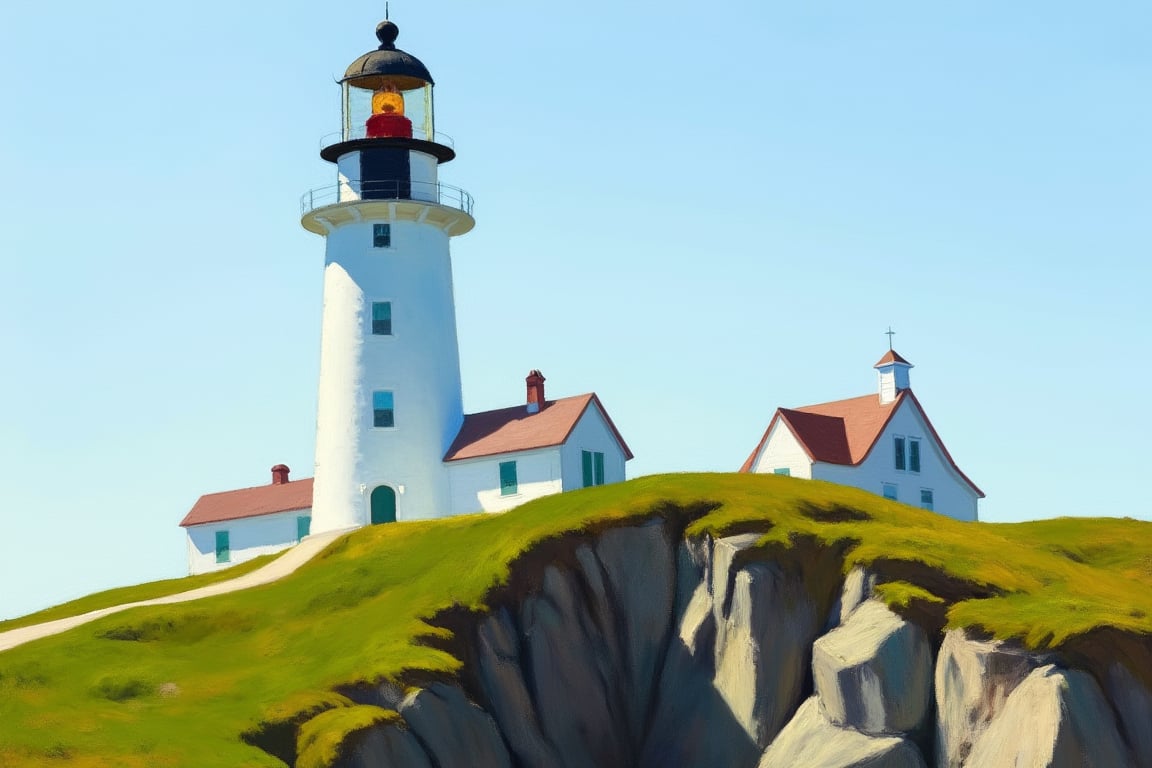 An EdwardH0pp3r style oil painting of an isolated white lighthouse on a steep hillside. A small geometrically irregular house is connected to the main tower, the focus is on the interplay of light and shadow from the tower and house on each other and the rocky green hillside. 