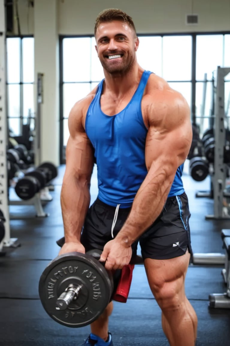 1man, muscular, hairy, happy, 30 yo, in gym shorts, lifting weights on a gym bench,photorealistic