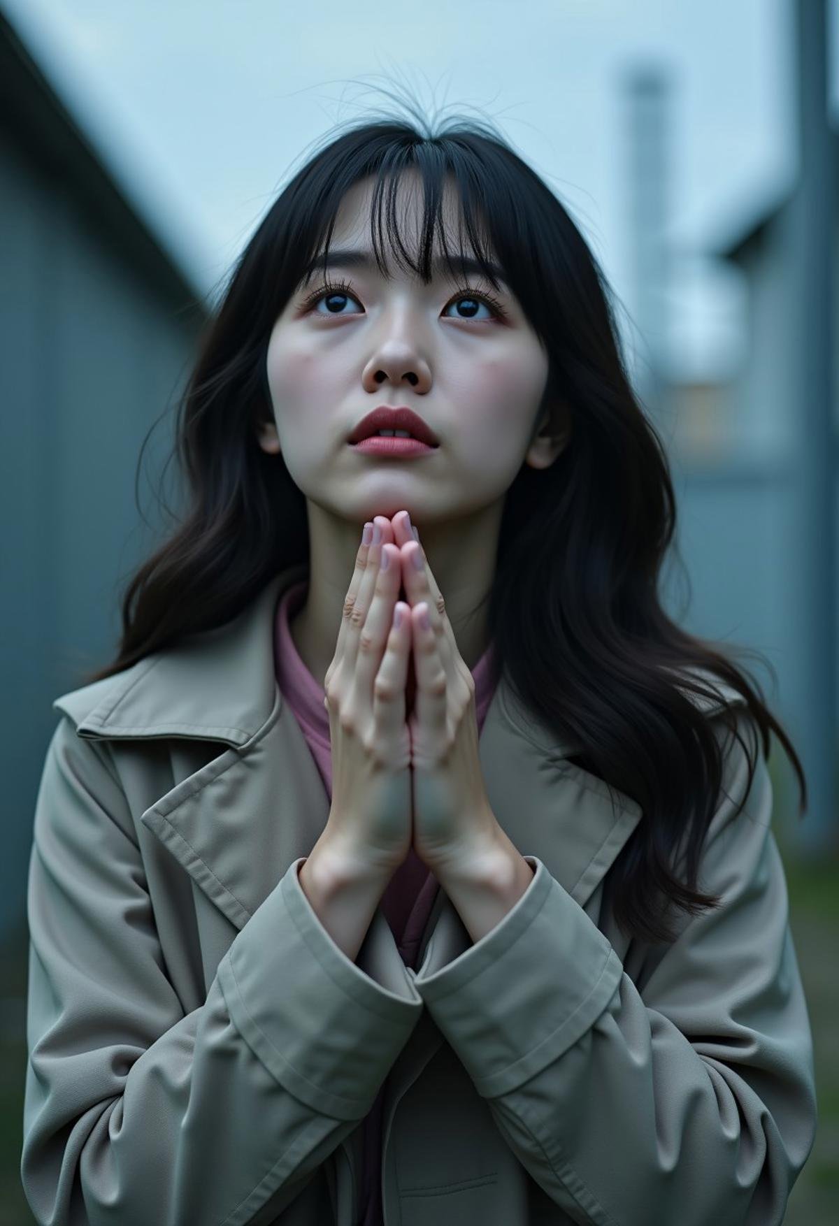 A melancholic Korean 1girl stands against a cold, industrial backdrop, her gaze lost in space. Her pale hands, captured in an emotional gesture, tell an unspoken story. UHD 4k Professional Photograph.