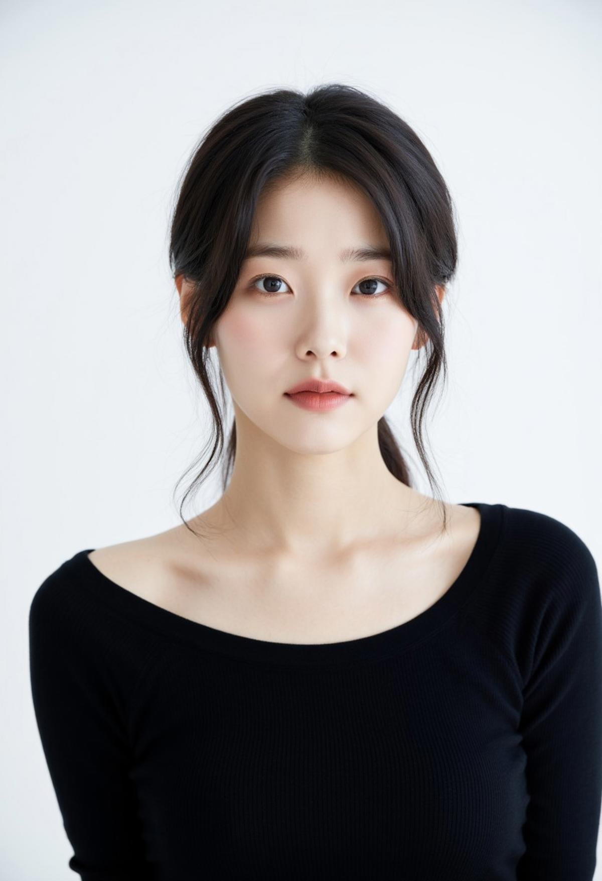 Korean 1girl. In the image, a young woman with a gentle and serene expression dominates the frame. She has pale skin, which contrasts beautifully with her soft black bob-style hair that slightly covers her forehead and ends just above her shoulders. Her eyes are almond-shaped, carrying a shade of light brown, with subtle makeup highlighting her upper and lower eyelids. Her eyelashes are long, accentuating her eyes, while her eyebrows are thin, straight, and of a darker shade, complementing her facial features. Her nose is of medium size with a soft bridge, leading down to her lips which are painted in a muted coral shade. The lips are slightly parted, and her lower lip is fuller than the upper one. She wears a black, form-fitting top with a ribbed texture that is clearly visible. The neckline of the top is round, exposing her slender neck. Her collarbone is also subtly visible, giving a hint of her delicate bone structure. The backdrop is a pure white, offering a stark contrast to her dark top and hair, which helps to bring the focus entirely on her face. The overall lighting is soft and even, enhancing the tranquility of the image and emphasizing the details of her features. The ambiance is calm, and the image seems professionally shot, capturing the essence of her beauty and grace.