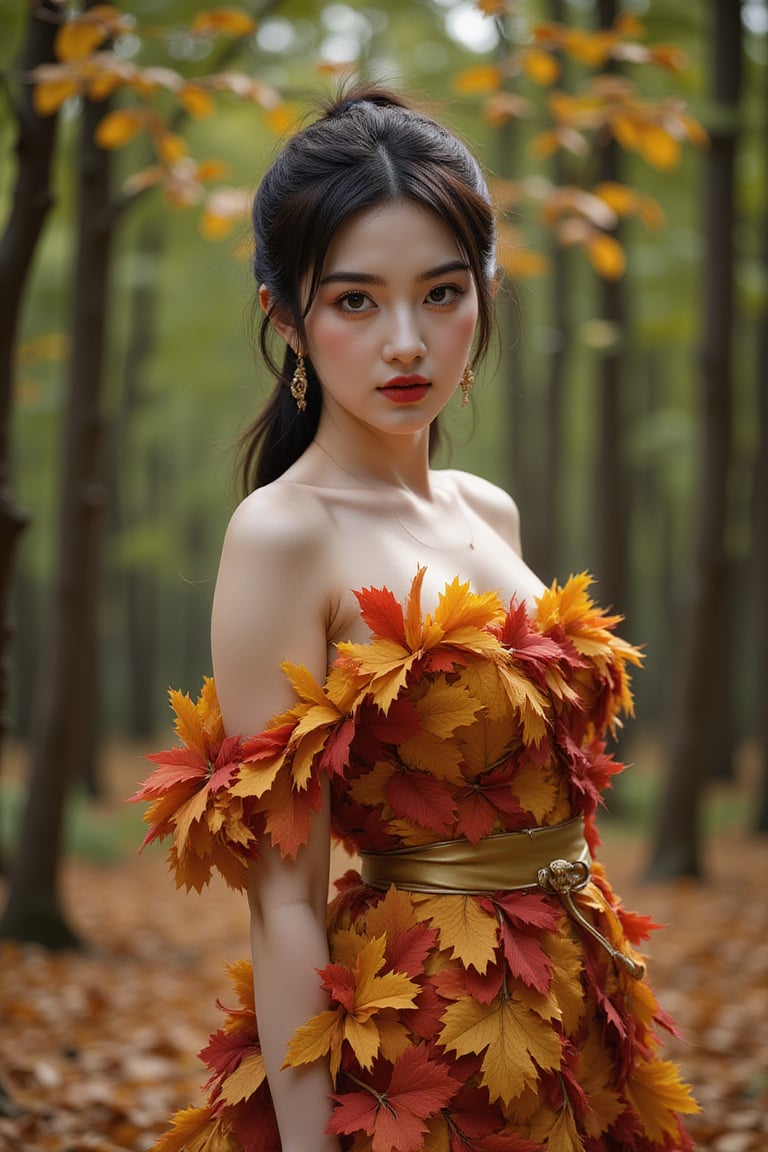 The image content is of a person, and the task is to annotate it by describing the objects and features present. The main object is the woman who is the central figure in the photograph. She is wearing a dress made of colorful leaves, which is a notable feature indicating either a costume or a thematic choice for the photo shoot. The background is composed of trees and foliage, suggesting that the setting is an outdoor environment, likely a forest or a wooded area. The lighting appears natural, possibly filtered through the canopy above, which adds to the serene and naturalistic feel of the image. There are no other discernible objects or individuals in the immediate vicinity, placing the focus solely on the woman and her interaction with the environment.,Autumn landscape,wonder beauty