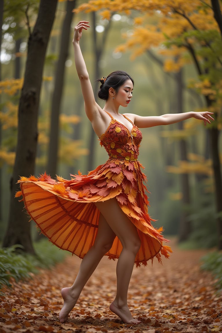 The image content is of a person, and the task is to annotate it by describing the objects and features present. The main object is the woman who is the central figure in the photograph. She is wearing a dress made of colorful leaves, which is a notable feature indicating either a costume or a thematic choice for the photo shoot.she is dancing ballet .The background is composed of trees and foliage, suggesting that the setting is an outdoor environment, likely a forest or a wooded area. The lighting appears natural, possibly filtered through the canopy above, which adds to the serene and naturalistic feel of the image. There are no other discernible objects or individuals in the immediate vicinity, placing the focus solely on the woman and her interaction with the environment.,Autumn landscape,wonder beauty