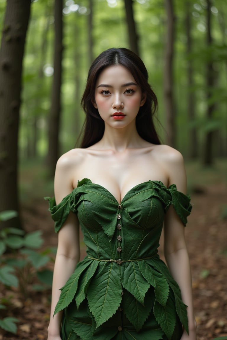 The image content is of a person, and the task is to annotate it by describing the objects and features present. The main object is the woman who is the central figure in the photograph. She is wearing a dress made of green leaves, which is a notable feature indicating either a costume or a thematic choice for the photo shoot. The background is composed of trees and foliage, suggesting that the setting is an outdoor environment, likely a forest or a wooded area. The lighting appears natural, possibly filtered through the canopy above, which adds to the serene and naturalistic feel of the image. There are no other discernible objects or individuals in the immediate vicinity, placing the focus solely on the woman and her interaction with the environment.,Autumn landscape,wonder beauty