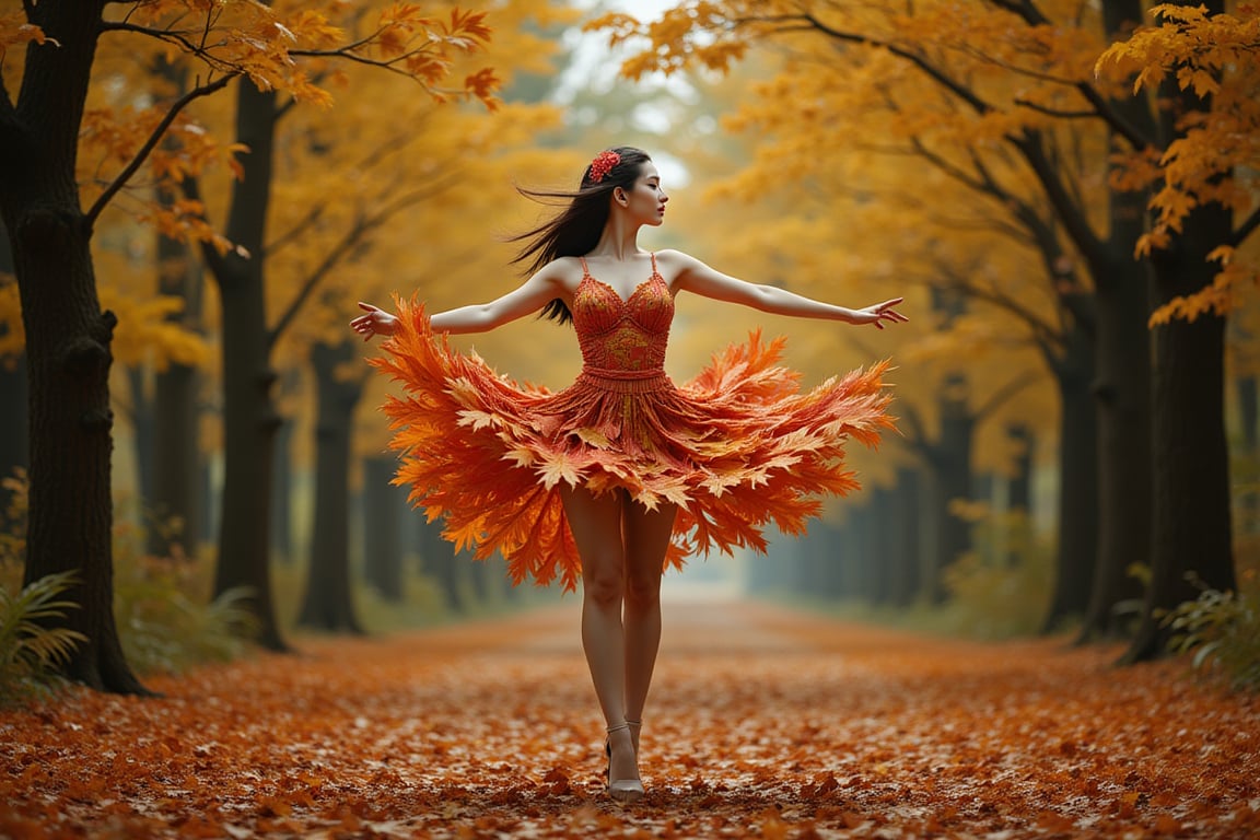 The image content is of a person, and the task is to annotate it by describing the objects and features present. The main object is the woman who is the central figure in the photograph. She is wearing a dress made of colorful leaves, which is a notable feature indicating either a costume or a thematic choice for the photo shoot.she is dancing ballet .The background is composed of trees and foliage, suggesting that the setting is an outdoor environment, likely a forest or a wooded area. The lighting appears natural, possibly filtered through the canopy above, which adds to the serene and naturalistic feel of the image. There are no other discernible objects or individuals in the immediate vicinity, placing the focus solely on the woman and her interaction with the environment.,Autumn landscape,wonder beauty