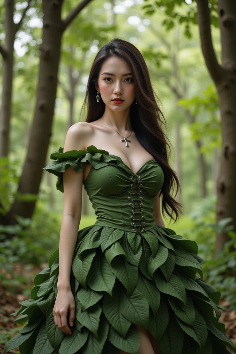 The image content is of a person, and the task is to annotate it by describing the objects and features present. The main object is the woman who is the central figure in the photograph. She is wearing a dress made of green leaves, which is a notable feature indicating either a costume or a thematic choice for the photo shoot. The background is composed of trees and foliage, suggesting that the setting is an outdoor environment, likely a forest or a wooded area. The lighting appears natural, possibly filtered through the canopy above, which adds to the serene and naturalistic feel of the image. There are no other discernible objects or individuals in the immediate vicinity, placing the focus solely on the woman and her interaction with the environment.,Autumn landscape,wonder beauty