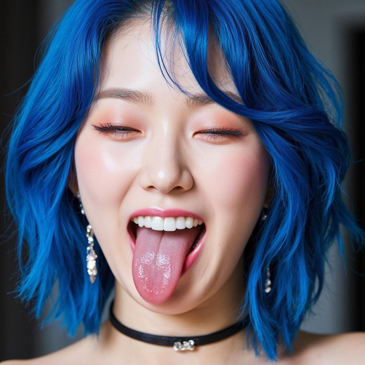 Professional Photograph of Korean 1girl. open mouth, blue hair, earrings, teeth, choker, tongue, tongue out, mole, realistic tongue, black choker, huge amount of viscous liquid