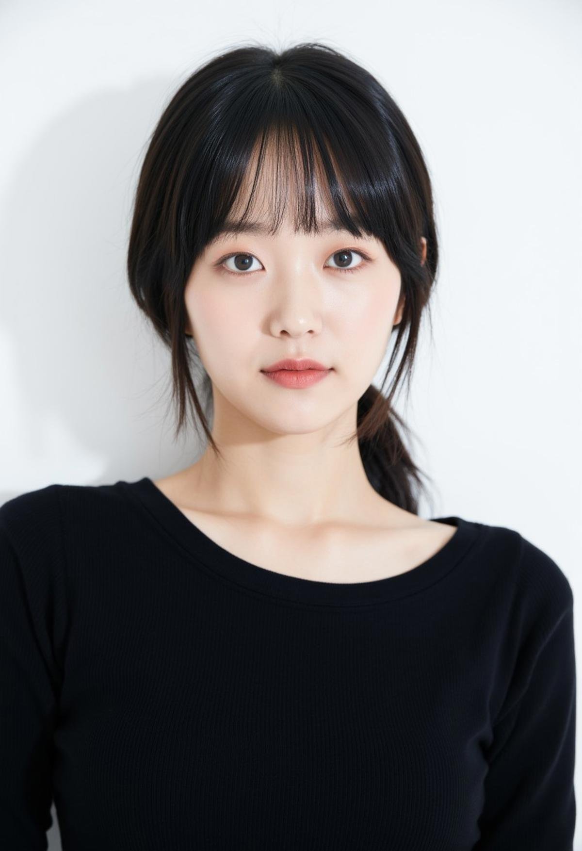 Korean 1girl. In the image, a young woman with a gentle and serene expression dominates the frame. She has pale skin, which contrasts beautifully with her soft black bob-style hair that slightly covers her forehead and ends just above her shoulders. Her eyes are almond-shaped, carrying a shade of light brown, with subtle makeup highlighting her upper and lower eyelids. Her eyelashes are long, accentuating her eyes, while her eyebrows are thin, straight, and of a darker shade, complementing her facial features. Her nose is of medium size with a soft bridge, leading down to her lips which are painted in a muted coral shade. The lips are slightly parted, and her lower lip is fuller than the upper one. She wears a black, form-fitting top with a ribbed texture that is clearly visible. The neckline of the top is round, exposing her slender neck. Her collarbone is also subtly visible, giving a hint of her delicate bone structure. The backdrop is a pure white, offering a stark contrast to her dark top and hair, which helps to bring the focus entirely on her face. The overall lighting is soft and even, enhancing the tranquility of the image and emphasizing the details of her features. The ambiance is calm, and the image seems professionally shot, capturing the essence of her beauty and grace.