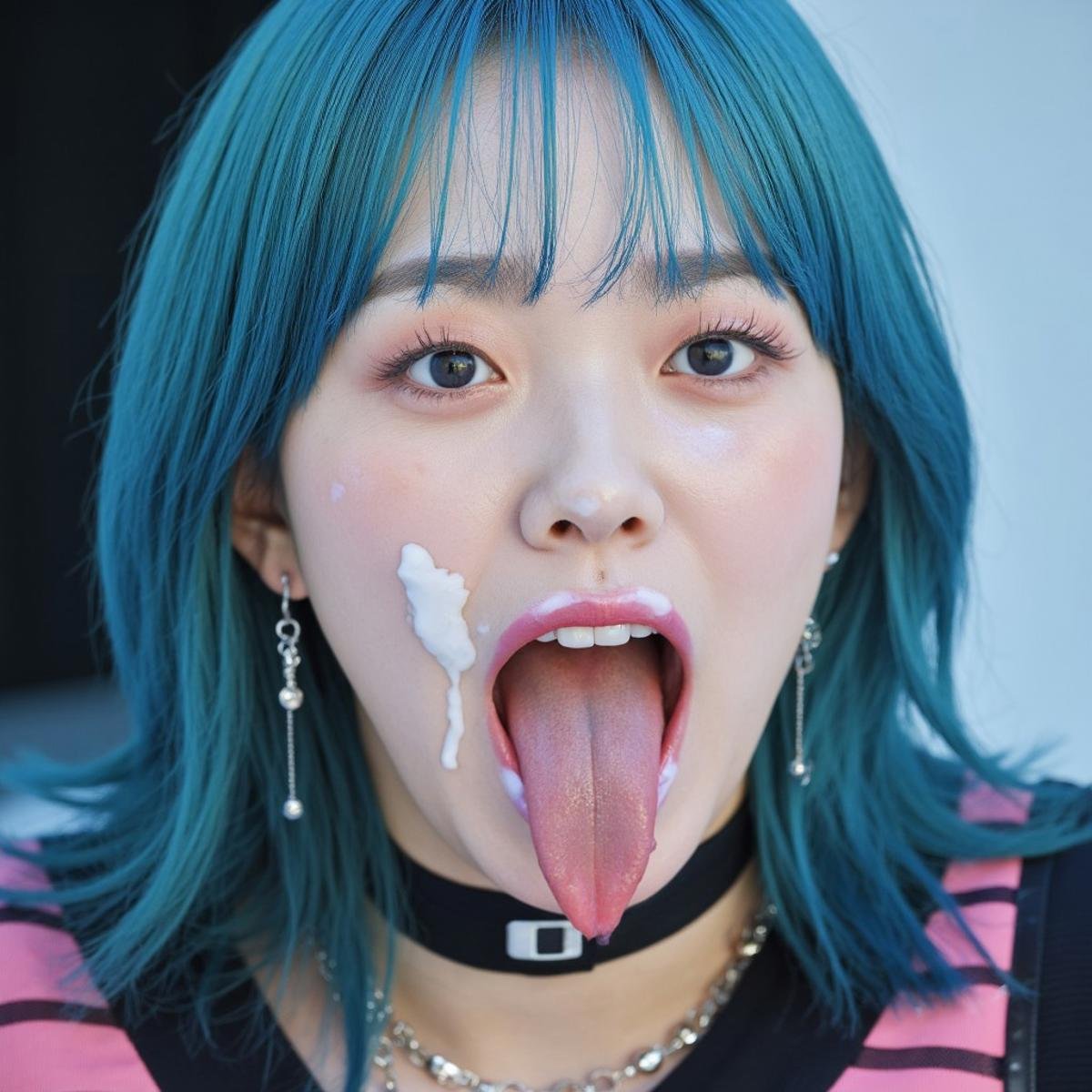 Professional Photograph of Korean 1girl. open mouth, blue hair, earrings, teeth, choker, tongue, tongue out, mole, long tongue, black choker, huge amount of white viscous liquid on her face