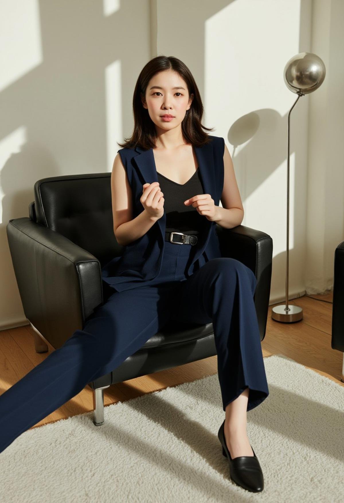 A young woman with shoulder-length dark hair sits in a modern, sunlit living room on a black leather chair. She is dressed in a sleek navy blue suit with a sleeveless black top, exuding a chic and contemporary style. The setting is warm and inviting, with sunlight streaming through the window, casting soft shadows on the floor and across the white textured rug. A tall, stylish floor lamp stands beside her, adding to the elegant atmosphere. The woman appears deep in thought, her hands slightly gesturing, reflecting a moment of introspection in a serene, well-appointed space.