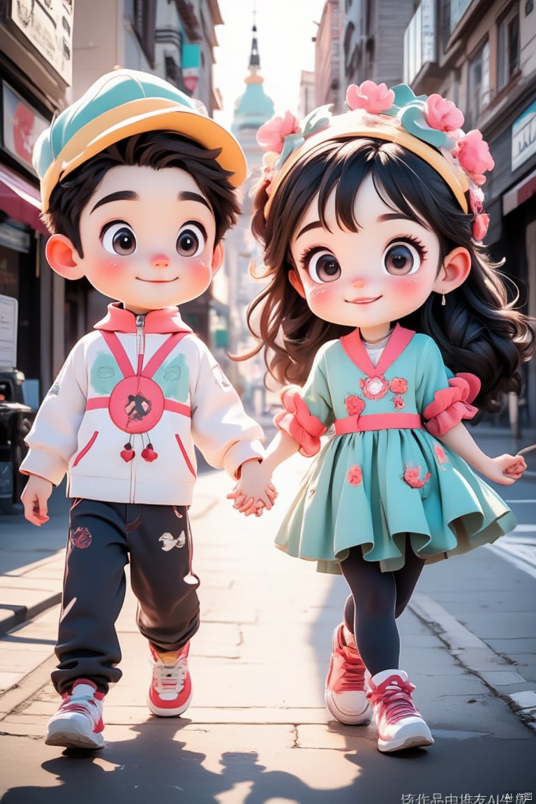 Little couple, a handsome boy, a beautiful girl, outdoors, holding hands, smiling, happy, full body, all in the center, with added details, panoramic shots (wide-angle shots), 3D rendering