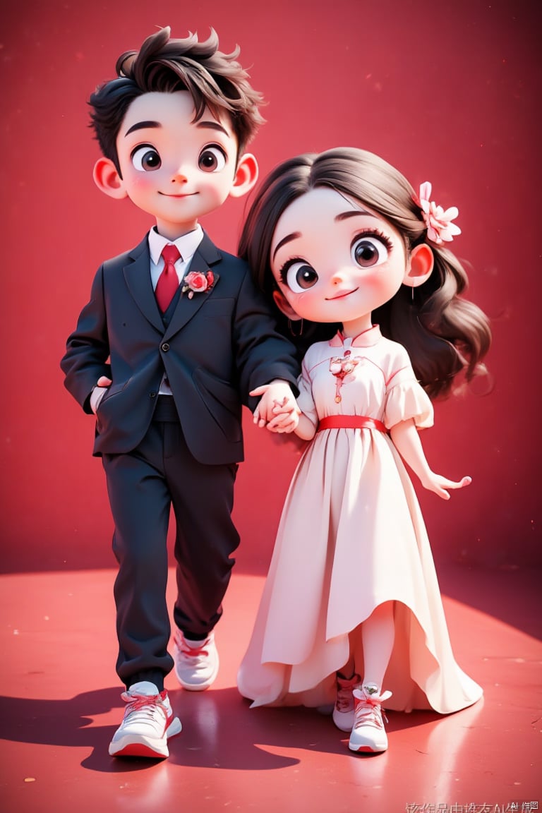 The groom and bride are two people, a boy in a suit and a girl in a wedding dress, with brown coffee hair and a red background. The girl holds flowers, bright eyes, starry eyes, smiles, happiness, and the whole character is centered, with added details. Panoramic shots (wide-angle shots), 3D rendering