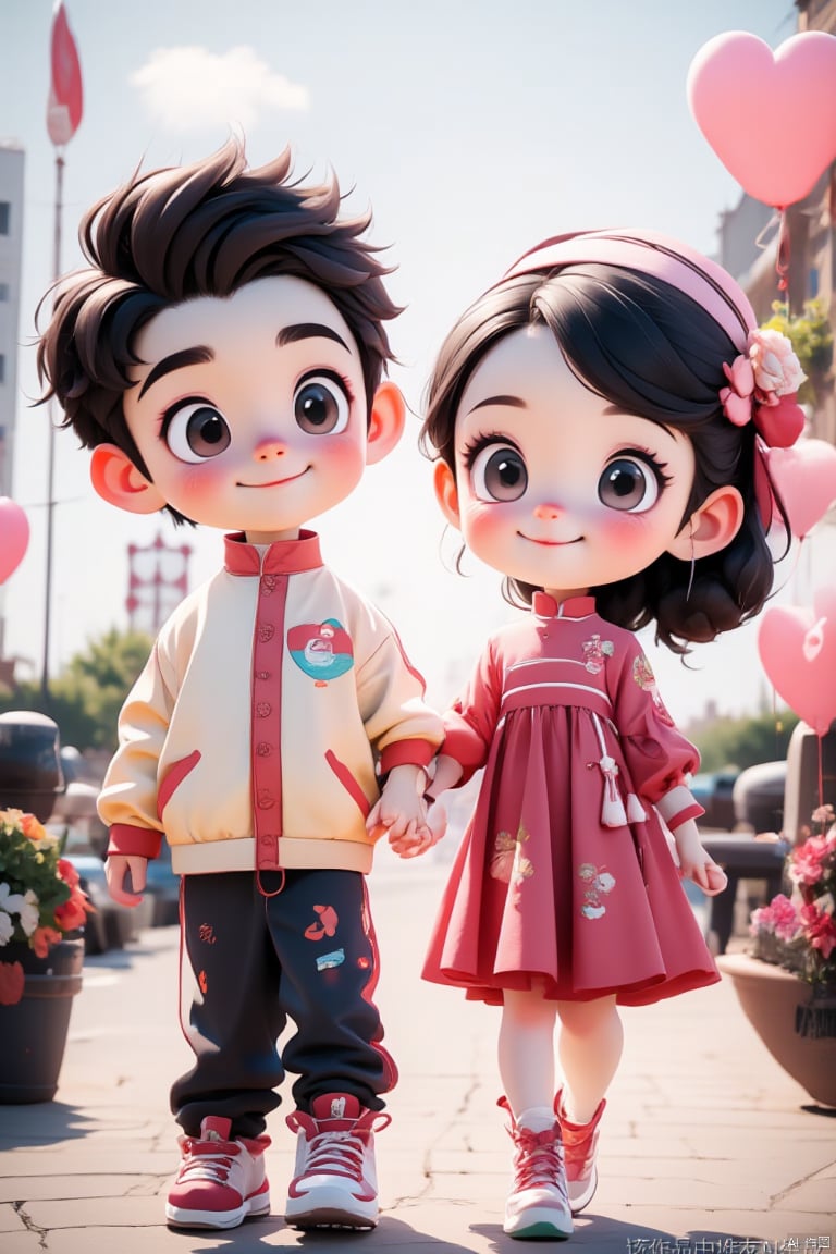 3D illustration, a lovely couple who love each other face to face, black hair, happiness, China-Chic ancient clothing, Tang suit, standing on the Queqiao Bridge with flowers, magpies, a bunch of flowers on the left, bright, pink sky background, pink heart shaped balloons floating in the background, lovely Katong design style, bright light, full length shooting, 8K, middle view