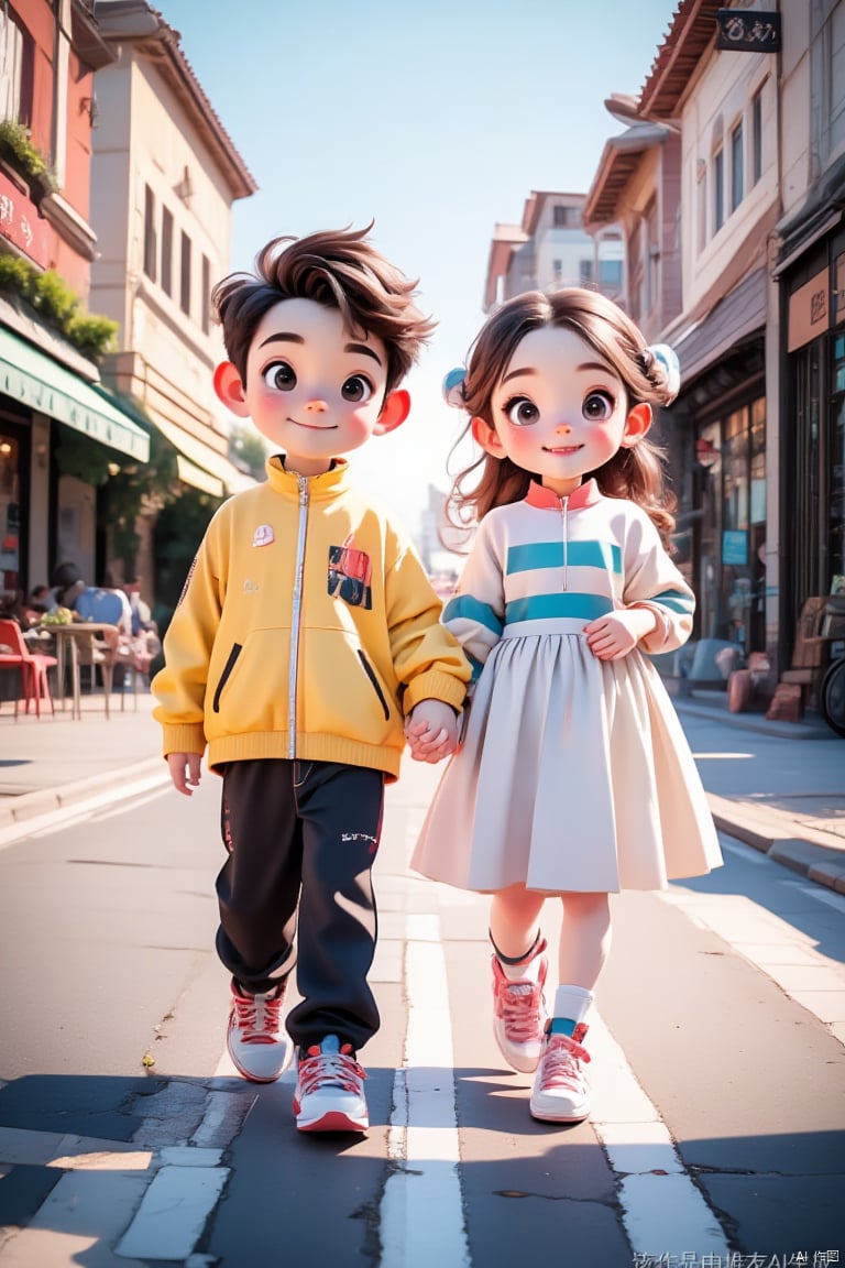 1 boy, 1 girl, couple, holding hands, smiling, happy, outdoor, street, full body, all character centered, with added details, panoramic lens (wide-angle lens), 3D rendering