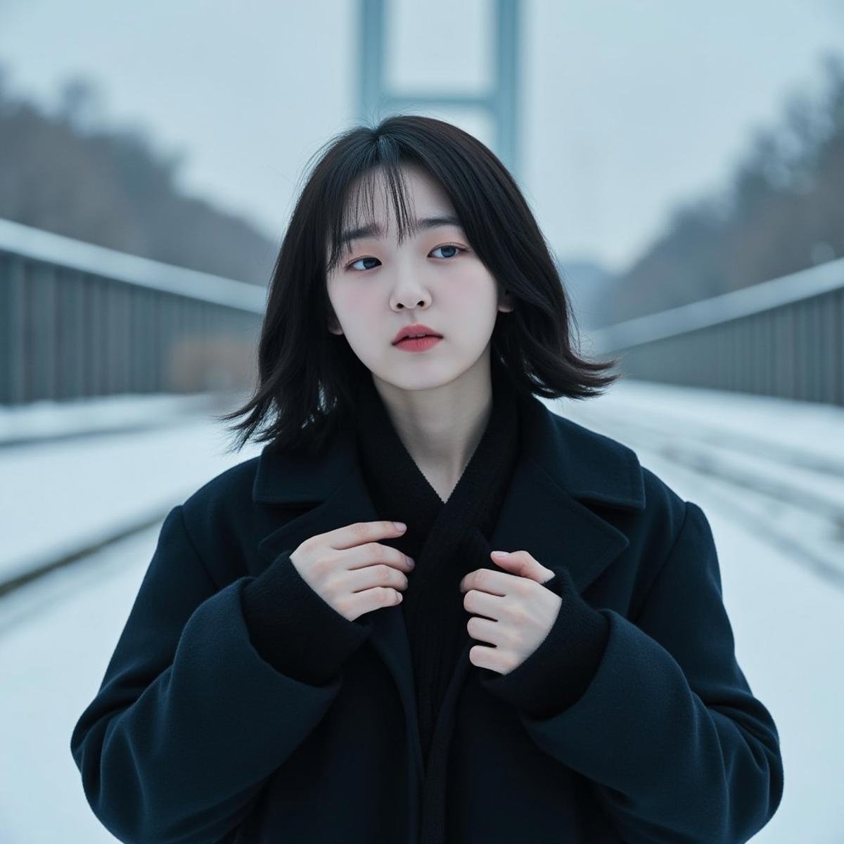 A melancholic Korean 1girl stands against a cold, industrial backdrop, her gaze lost in space. Her pale hands, captured in an emotional gesture, tell an unspoken story.