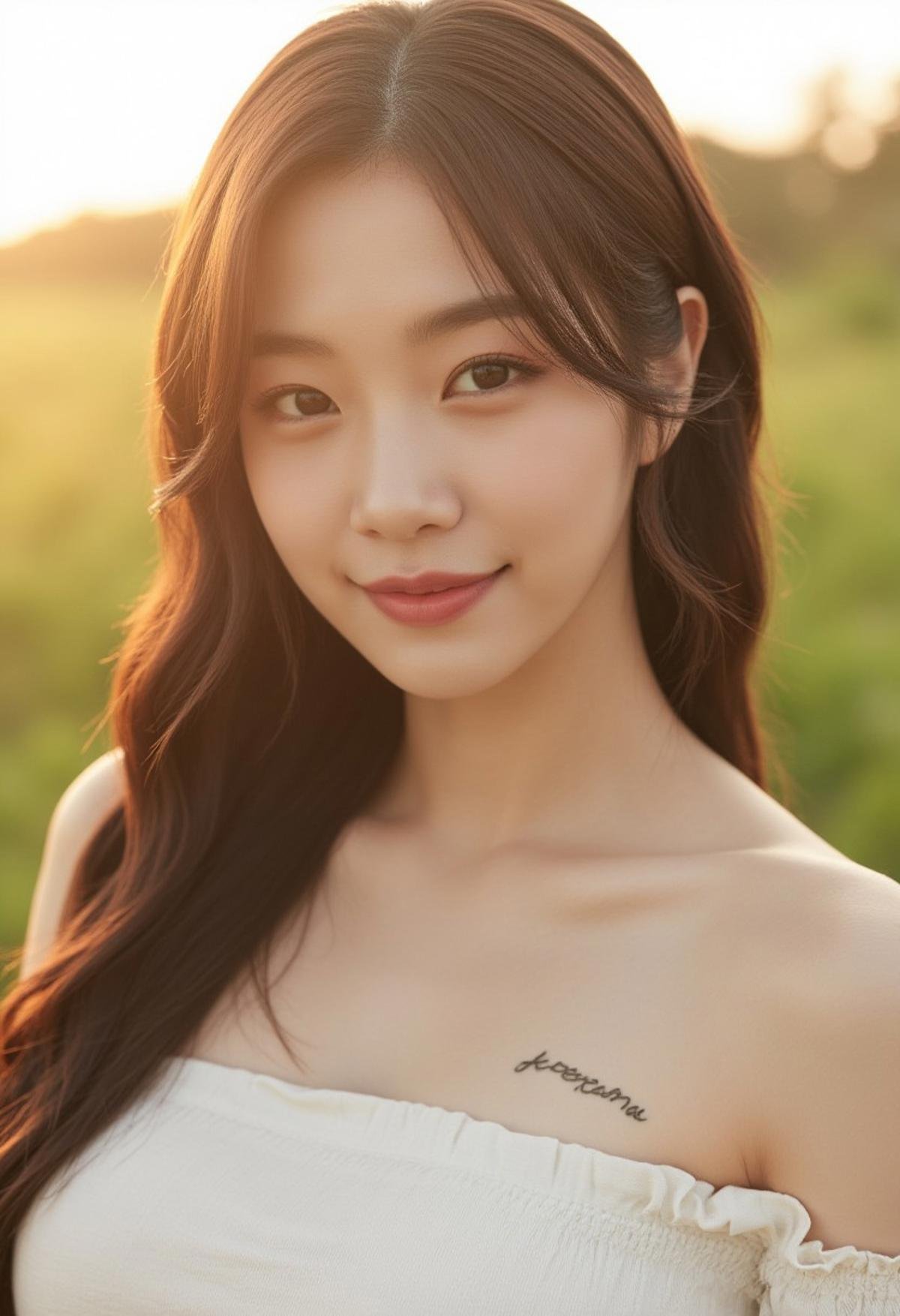 A high-resolution image of a beautiful young woman, her features delicate yet radiant, captured in a moment of serene joy. Her eyes, large and expressive, shine with the innocence of youth, reflecting a gentle light. Soft, flowing hair frames her face naturally, catching the subtle play of light. On her forearm (or shoulder), a delicate tattoo with the text ‘Korean’ is elegantly inked, its script clean and refined, adding a layer of cultural depth to her appearance. The setting complements her presence—be it a sunlit field with soft, golden hues or an intimate indoor space with warm, welcoming tones. Her attire is simple yet elegant, harmonizing with the scene, creating an image that is both timeless and captivating, with the tattoo subtly enhancing her unique identity.