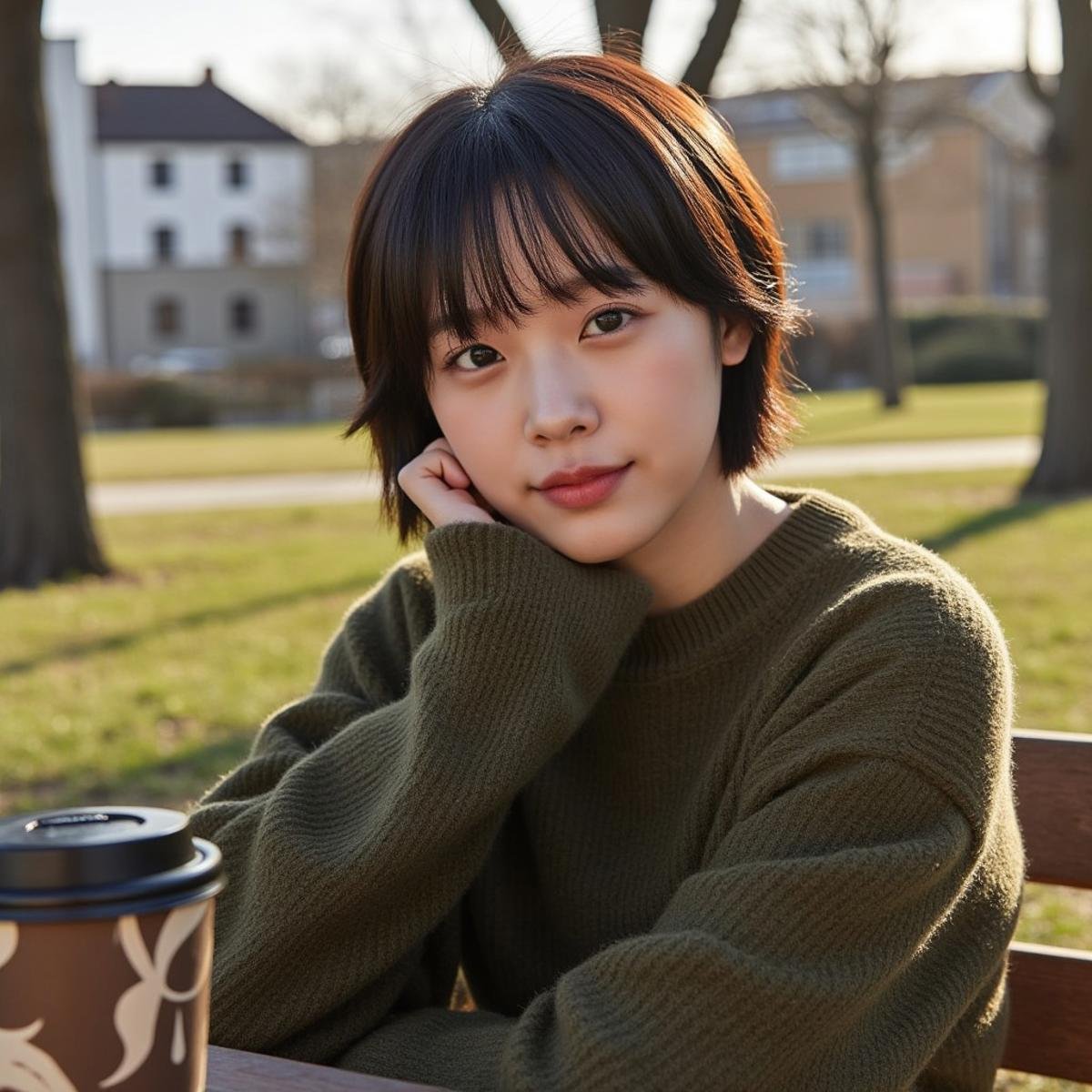 A young woman with short, dark hair sits on a wooden park bench during a sunny day. She wears a textured, olive green sweater with oversized sleeves, resting her chin on her hand in a thoughtful pose. The background reveals an urban setting with tall, leafless trees and residential buildings, reflecting a calm, early spring atmosphere. A soft, golden light illuminates her face, casting gentle shadows that enhance the warm and relaxed mood of the scene. To the side, a glimpse of a takeaway coffee cup adds a casual element to the composition.