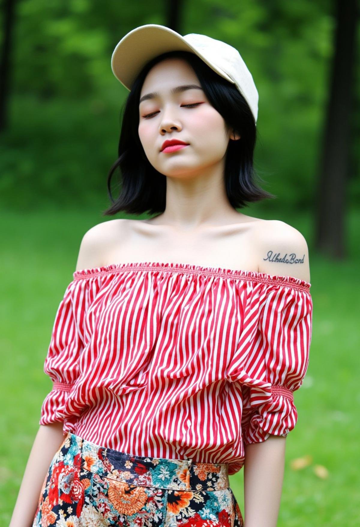 A serene outdoor portrait of a young woman with closed eyes, embracing the peaceful surroundings.  Her skin, there's a tattoo that reads 'AlbedoBond'. The text is important so clearly 'AlbedoBond'. She wears a stylish off-the-shoulder, red and white striped ruffled blouse paired with vibrant, patterned shorts featuring a mix of floral and geometric designs. Her short black hair is complemented by a light beige cap. The lush green background and soft natural lighting add to the calm and relaxed atmosphere of the scene.