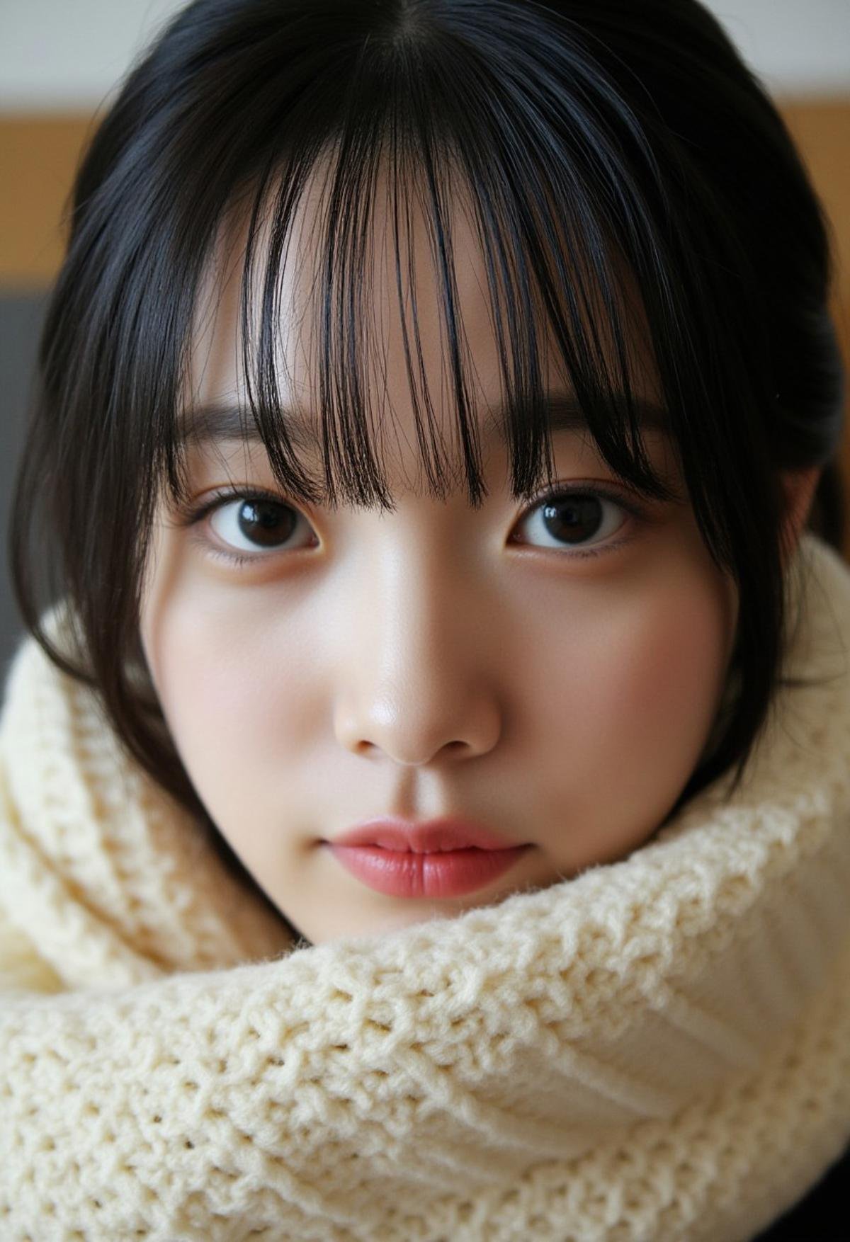 A close-up photo of a young woman bundled up in a thick, cream-colored knitted scarf, creating a cozy and warm atmosphere. Her dark hair frames her face, with soft bangs falling just above her large, expressive eyes. The lighting is soft, highlighting the delicate features of her face, while the background remains slightly blurred, focusing all attention on her serene and gentle expression.