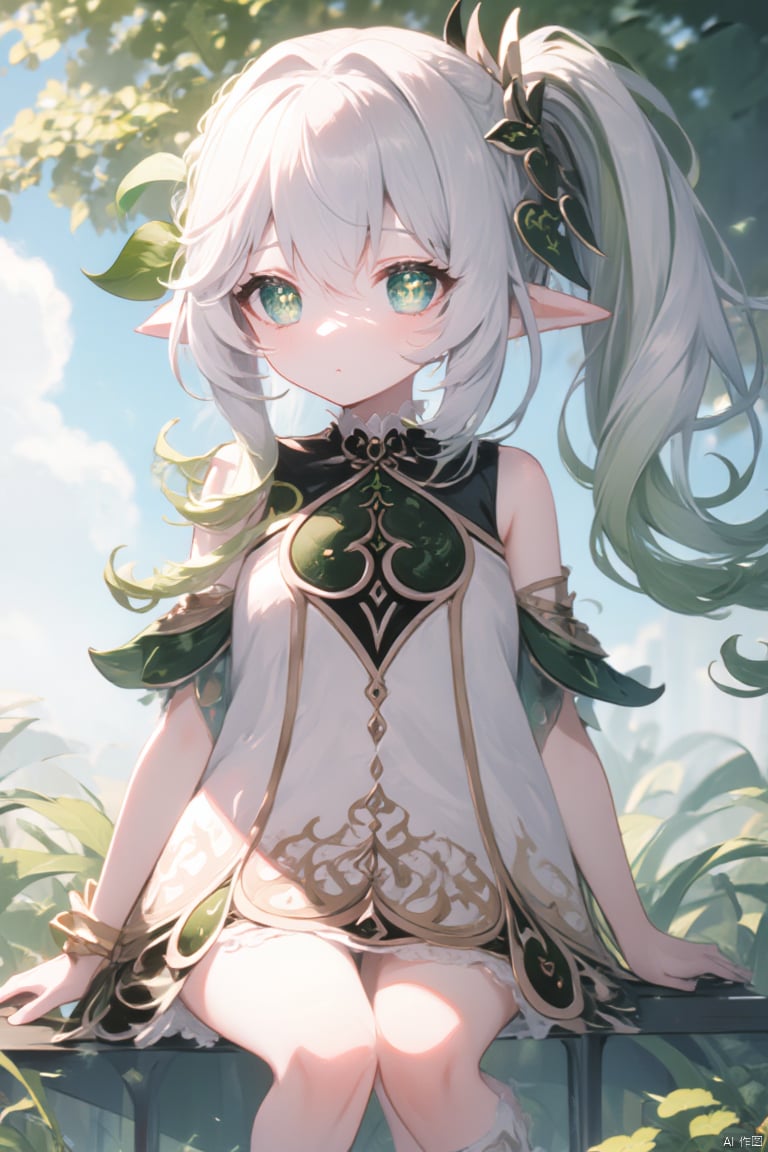 score_4, score_3, score_2, score_1,(masterpiece),(best quality),illustration,ultra detailed,hdr,loli,1girl,hair rings, solo,petite, long hair, very long hair, absurdly long hair, barefoot, looking at viewer, symbol-shaped pupils, white hair, dress, bangs, green eyes, full body, breasts,cross-shaped pupils, hair ornament, white hair, green hair, gradient hair, white dress, nahida (genshin impact)