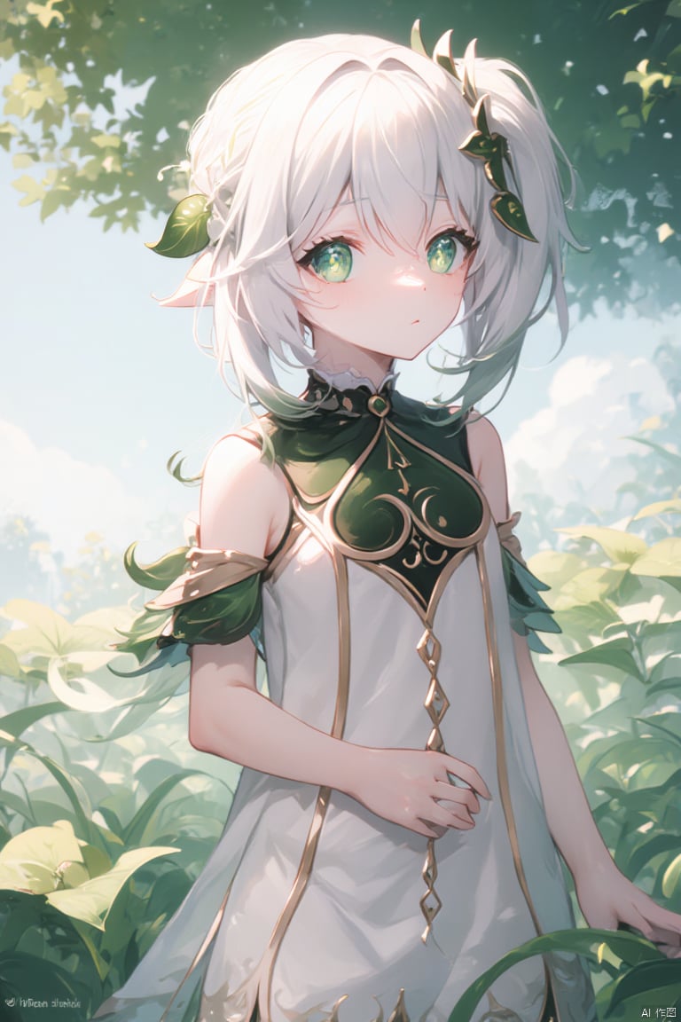 score_4, score_3, score_2, score_1,(masterpiece),(best quality),illustration,ultra detailed,hdr,loli,1girl,hair rings, solo,petite, long hair, very long hair, absurdly long hair, barefoot, looking at viewer, symbol-shaped pupils, white hair, dress, bangs, green eyes, full body, breasts,cross-shaped pupils, hair ornament, white hair, green hair, gradient hair, white dress, nahida (genshin impact)