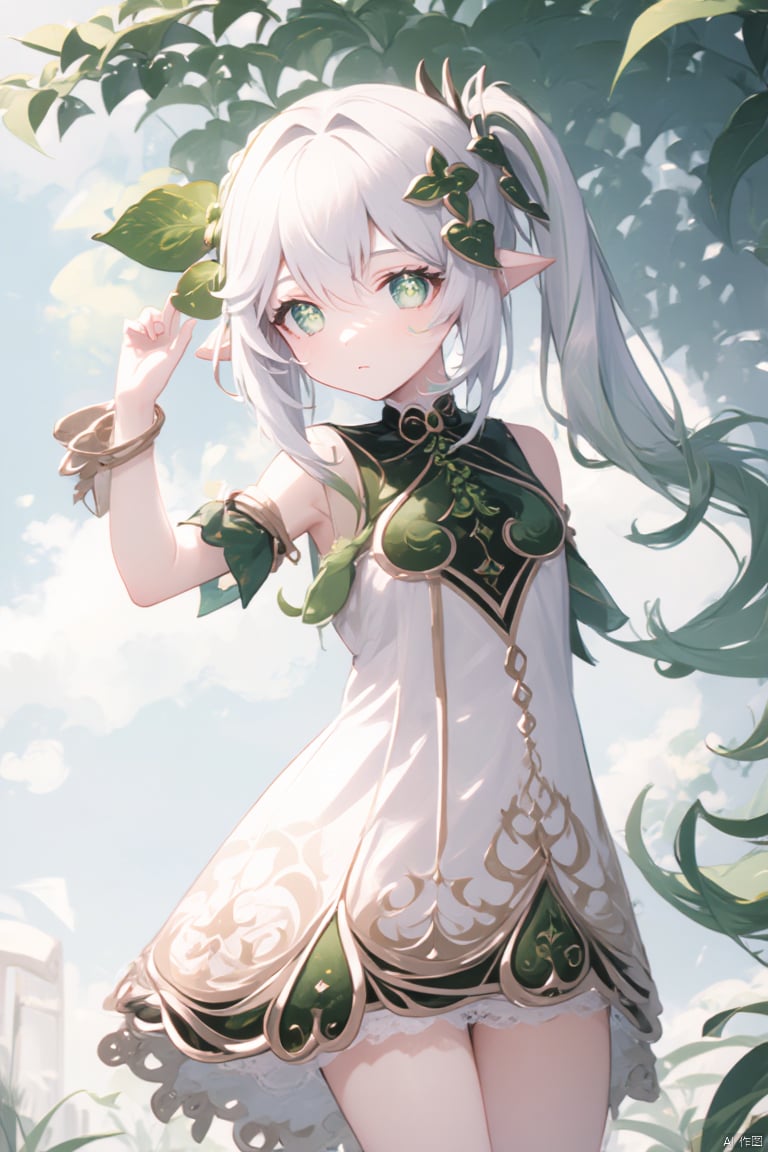 score_4, score_3, score_2, score_1,(masterpiece),(best quality),illustration,ultra detailed,hdr,loli,1girl,hair rings, solo,petite, long hair, very long hair, absurdly long hair, barefoot, looking at viewer, symbol-shaped pupils, white hair, dress, bangs, green eyes, full body, breasts,cross-shaped pupils, hair ornament, white hair, green hair, gradient hair, white dress, nahida (genshin impact)