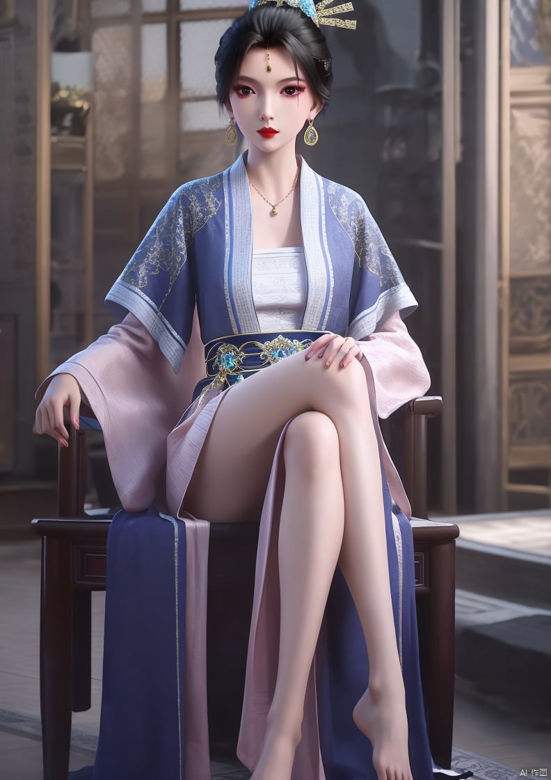 Shoes, full body, barefoot,Sit down and cross your legs,
1girl, solo, long hair, looking at viewer, black hair, hair ornament, long sleeves, dress, jewelry, ponytail, earrings, 
chinese clothes, realistic, red lips