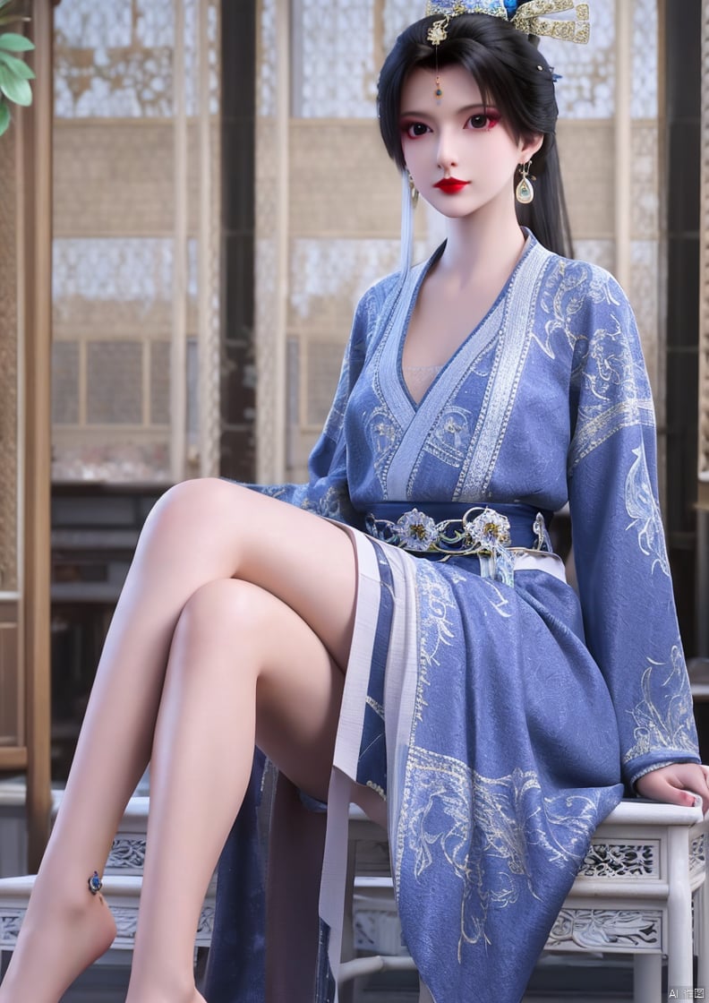 Shoes, full body, barefoot,Sit down and cross your legs,
1girl, solo, long hair, looking at viewer, black hair, hair ornament, long sleeves, dress, jewelry, ponytail, earrings, 
chinese clothes, realistic, red lips