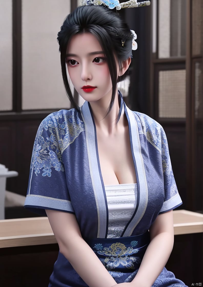 Sit down,
1girl, solo, looking at viewer,  black hair, hair ornament, closed mouth,  black eyes, portrait, hair stick,
（Chinese cheongsam, cheongsam）,Having cleavage,Clothing cutting,
No makeup, no lipstick, no makeup,