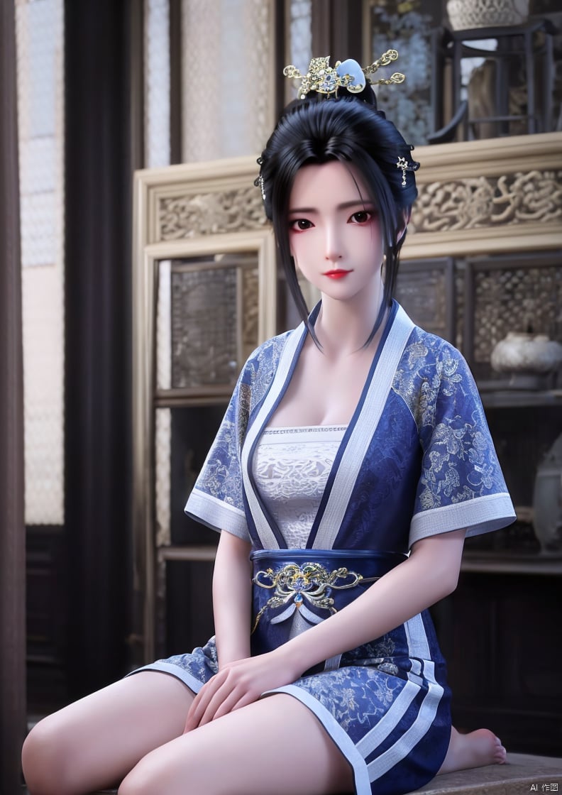 ,Sit down,barefoot,Whole body, thighs,
1girl, solo, looking at viewer,  black hair, hair ornament, closed mouth,  black eyes, portrait, hair stick,
（Chinese cheongsam, cheongsam）,Having cleavage,Clothing cutting,
No makeup, no lipstick, no makeup,