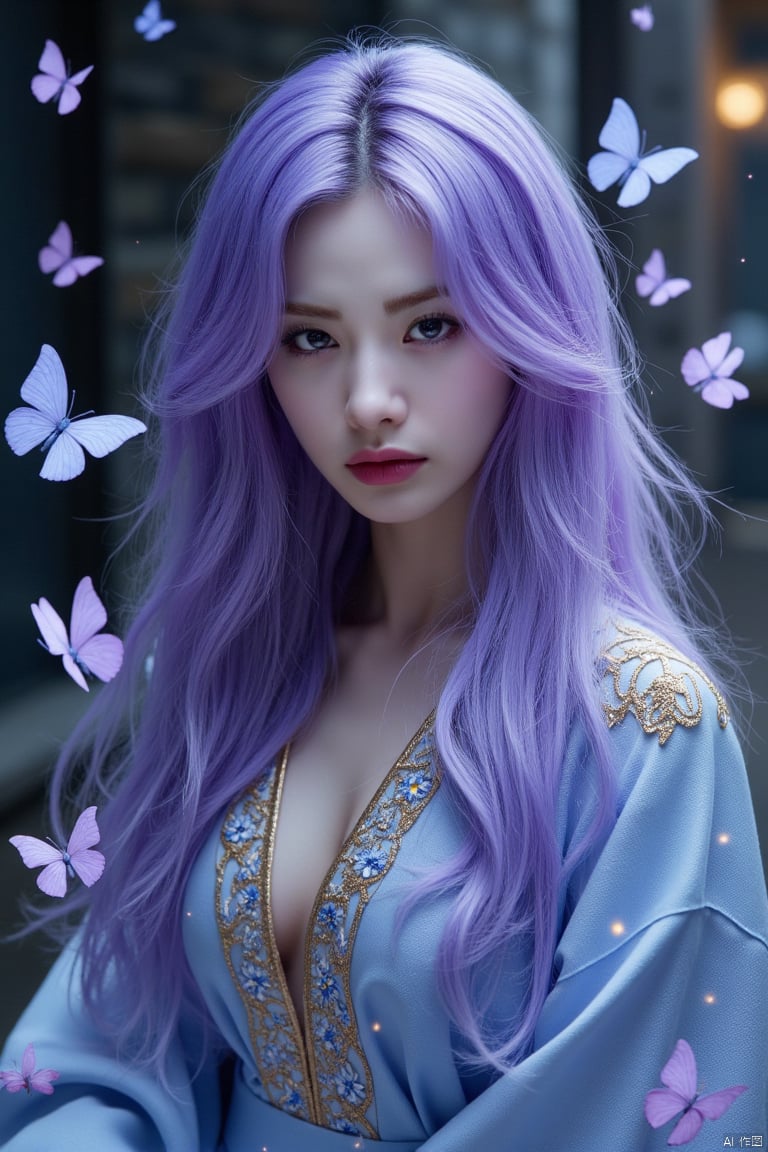 This is a highly detailed digital artwork in the fantasy genre, featuring an ethereal, otherworldly scene. The central figure is a young woman with a pale, delicate complexion and long, flowing purple hair that cascades around her face and shoulders. Her eyes are a striking violet hue, and her expression is somber yet captivating, with a hint of sadness. She is adorned in an intricate, light blue robe adorned with golden patterns and embroidered flowers, which adds to her regal and mystical appearance. 

Surrounding her are delicate, luminous butterflies in shades of purple, blue, and white, which seem to be floating around her, adding to the ethereal atmosphere. The background is a softly blurred, dark, and moody setting, possibly an outdoor night scene with hints of a stone wall and a few glowing orbs, contributing to the mysterious ambiance. The texture of the fabric on her robe is smooth and slightly reflective, while the hair appears silky and voluminous. The overall color palette is dominated by cool tones, with subtle hints of warmth from the golden embroidery. The image is rich in detail and emotion, creating a mesmerizing and dreamlike experience. masterpiece, best quality, score_9, score_8_up, score_7_up,yunxi,1girl,GX-girl