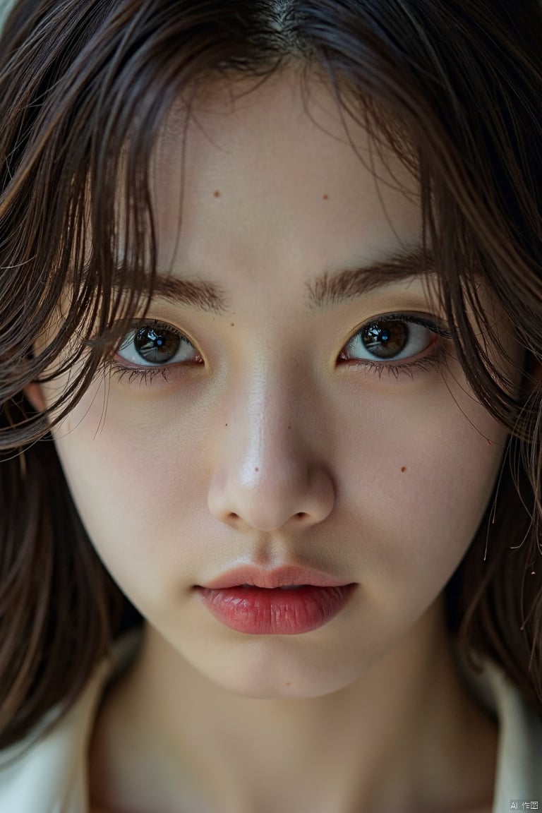 GX-girl,1girl,RAW photo,dslr, soft lighting, high quality, film grain, Fujifilm XT3 small chin, (no freckles:0.5), (no cleft chin:1.5), perfect eyes,thin lips, glowing irises, ((even eyes)), ((even pupils)), round iris, detailed pupils, light reflections, visible cornea, blood vessels,  pale skin, skin pores,blood vessels in sclera, detailed skin, beauty spots, skin fuzz, shine from within, hands off face, 