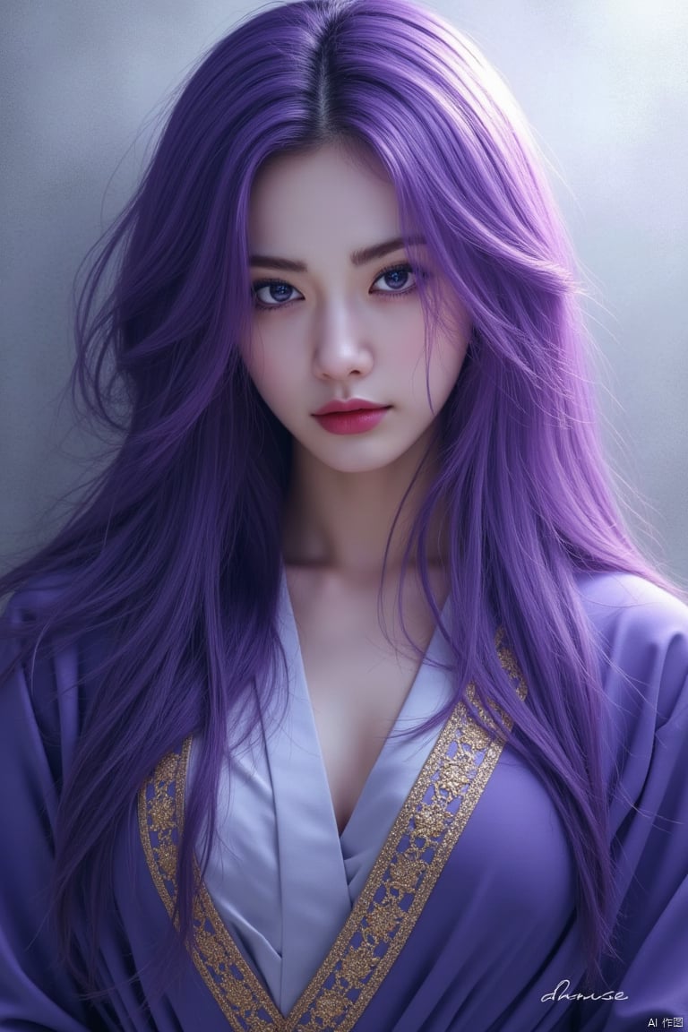 This is a highly detailed digital artwork in the fantasy genre, featuring an ethereal, otherworldly scene. The central figure is a young woman with a pale, delicate complexion and long, flowing purple hair that cascades around her face and shoulders. Her eyes are a striking violet hue, and her expression is somber yet captivating, The texture of the fabric on her robe is smooth and slightly reflective, while the hair appears silky and voluminous. The overall color palette is dominated by cool tones, with subtle hints of warmth from the golden embroidery. The image is rich in detail and emotion, creating a mesmerizing and dreamlike experience. masterpiece, best quality, score_9, score_8_up, score_7_up,yunxi,1girl,GX-girl